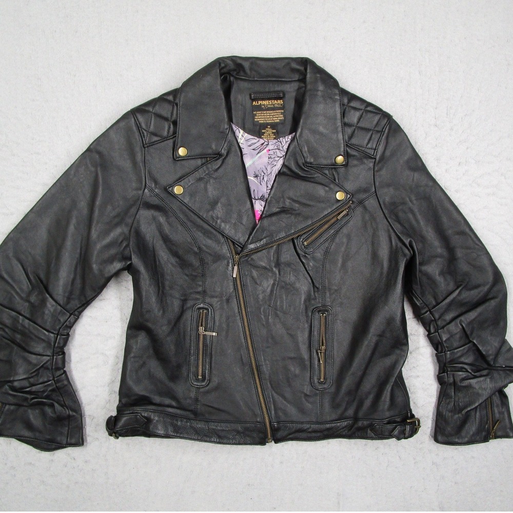 Alpinestars by Denise Focil Black Leather Moto Jacket Silk Lining Womens Medium